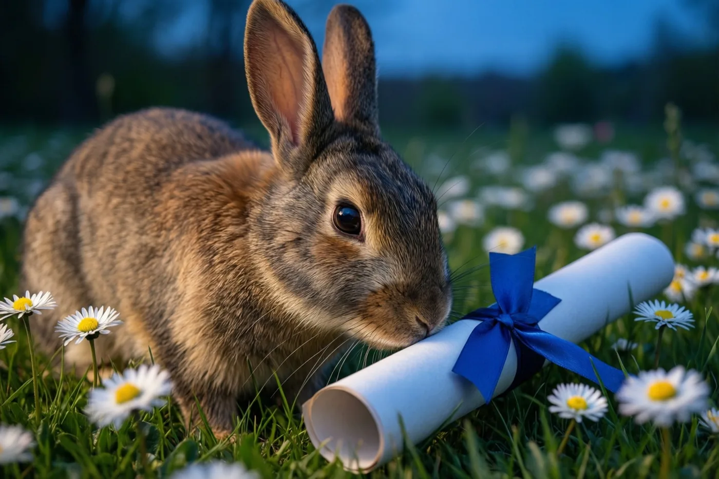Een bruin konijn snuffelt aan een opgerold diploma met blauw lint in een grasweide met witte madeliefjes, in zacht avondlicht.