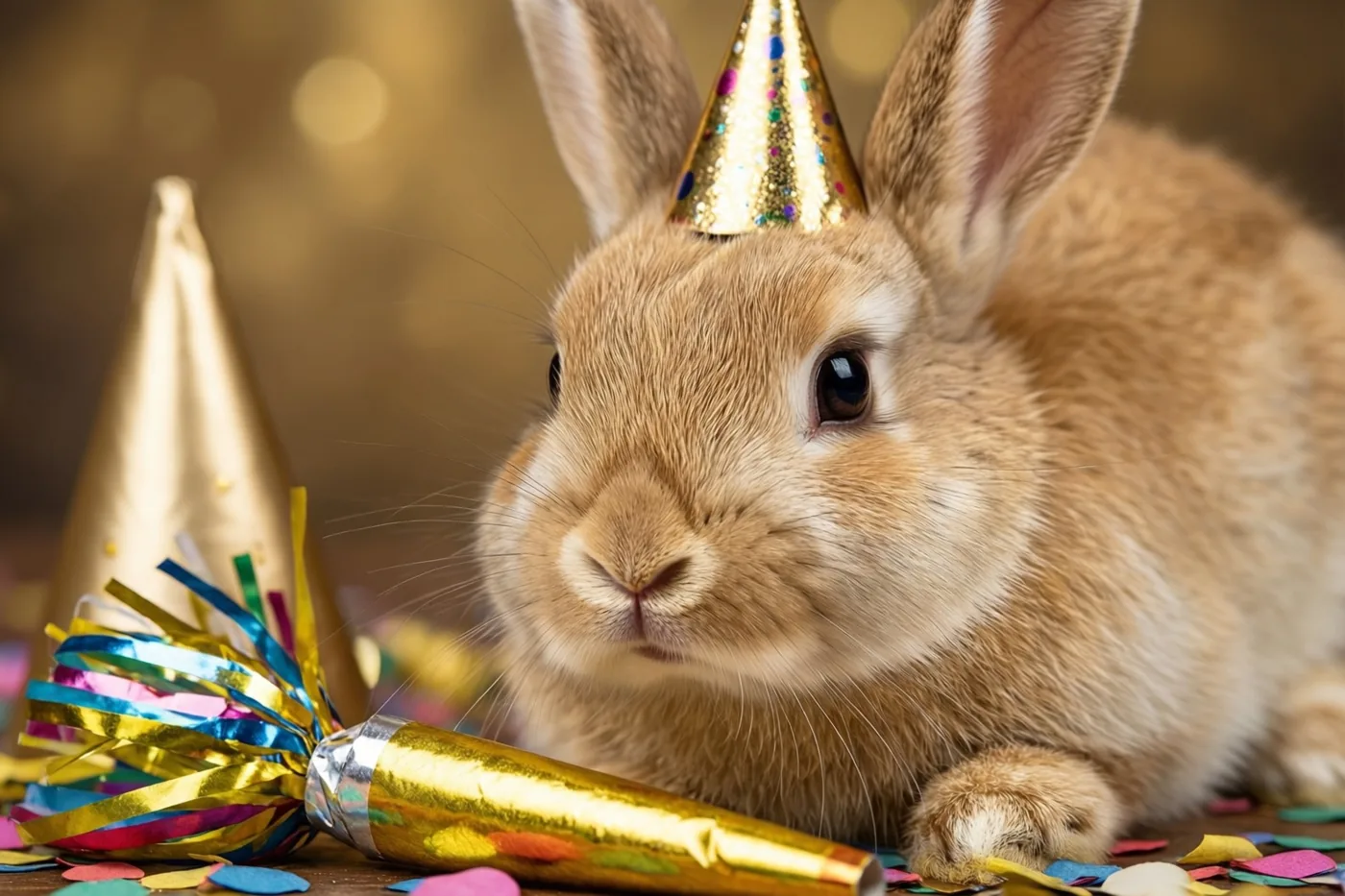 Een klein bruin konijn met een gouden feesthoedje zit op een houten oppervlak naast een confettikanonnetje en verspreide confetti, tegen een onscherpe gouden achtergrond.