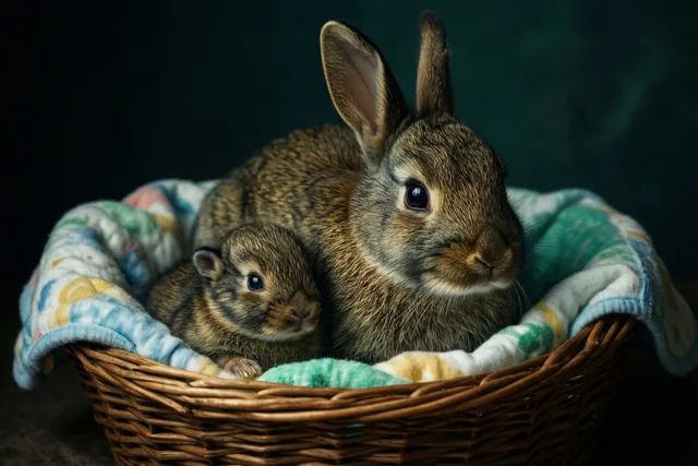Een moederkonijn ligt met haar pasgeboren jong in een rieten mand met een kleurrijke babydeken, in warm licht tegen een donkere achtergrond.