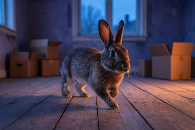 Een bruin konijn huppelt over een kale houten vloer in een lege kamer, met warm licht en koel blauw licht vanuit de ramen op de achtergrond.