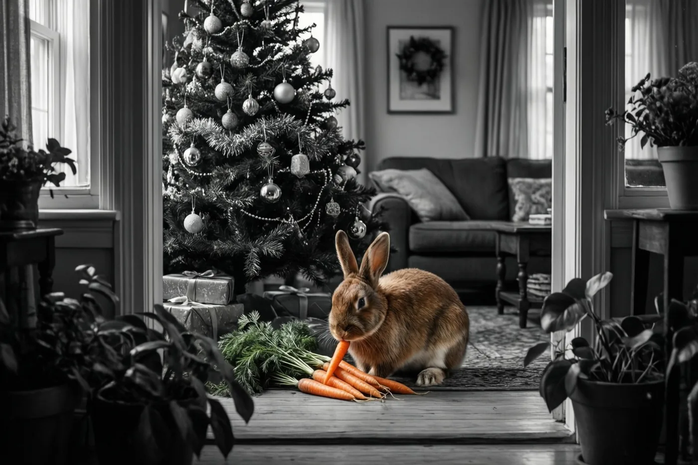 Een bruin konijn knabbelt aan een wortel op een houten vloer voor een versierde kerstboom, met potplanten en een zetel op de achtergrond.