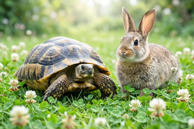 Een landschildpad en een konijn zitten naast elkaar op een groen gazon met witte klaverbloemen.