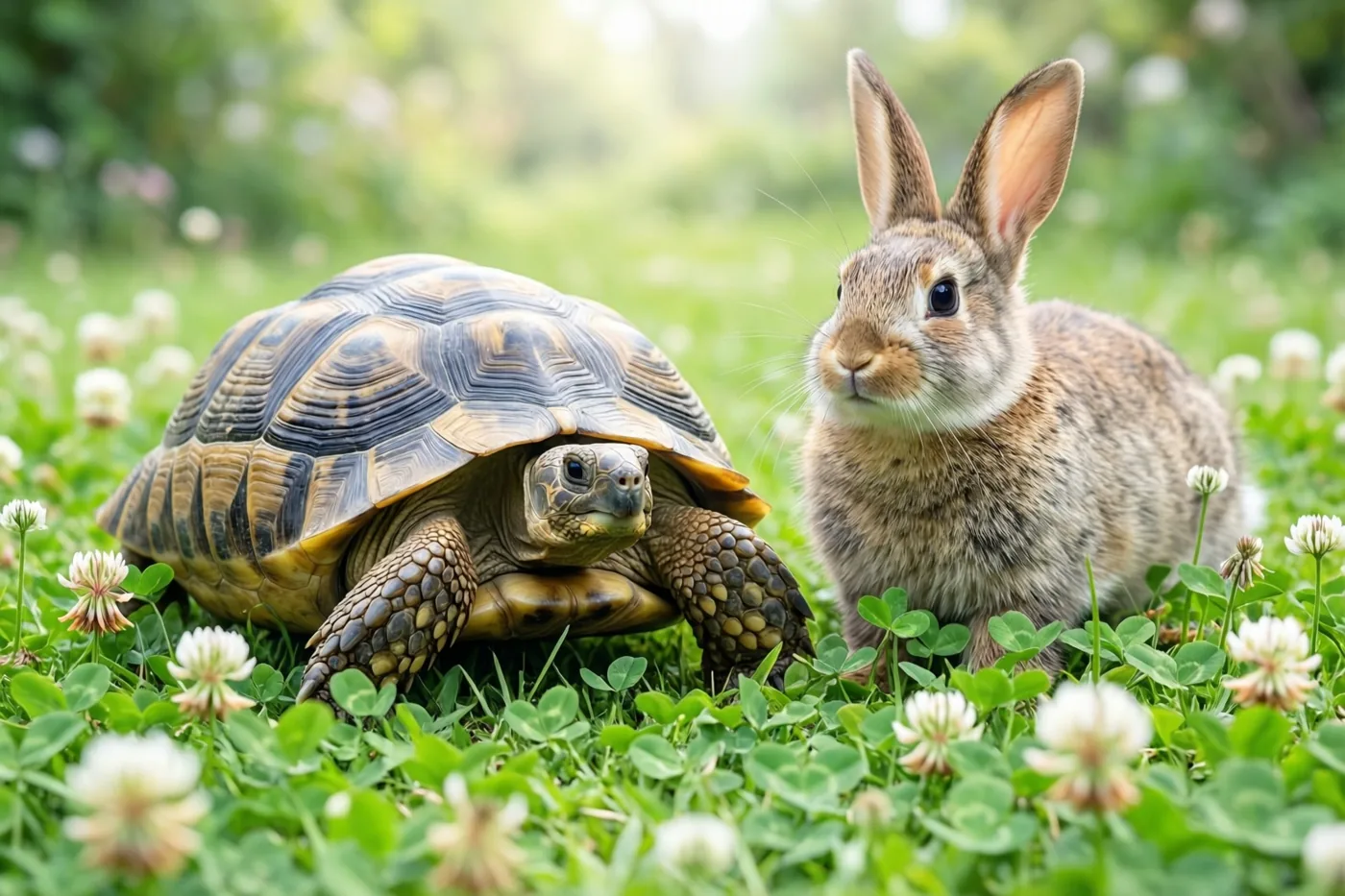Een landschildpad en een konijn zitten naast elkaar op een groen gazon met witte klaverbloemen.