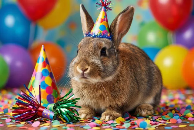 Een bruin konijn met een kleurrijk feesthoedje zit tussen confetti en confettikanonnetjes, met onscherpe gekleurde ballonnen op de achtergrond.