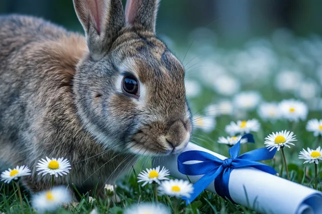 Een bruin konijn snuffelt aan een opgerold diploma met blauw lint tussen de madeliefjes in een groene lenteweide.