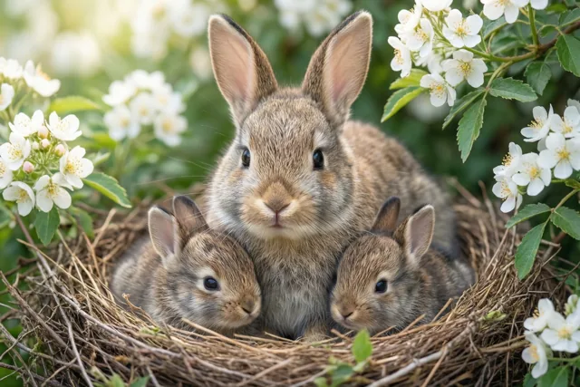 Een moederkonijn ligt met haar twee jongen in een gevlochten grasnest, omringd door witte bloemen en groene bladeren.