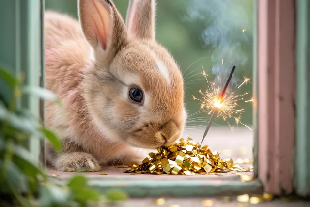 Een konijntje snuffelt aan nieuwjaar