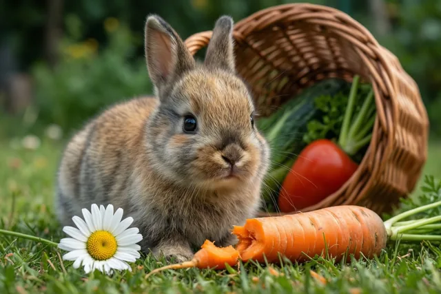 Een jong konijntje zit op groen gras naast een wit madeliefje en een deels opgegeten wortel, met een omgevallen rieten mand vol groenten achter zich.