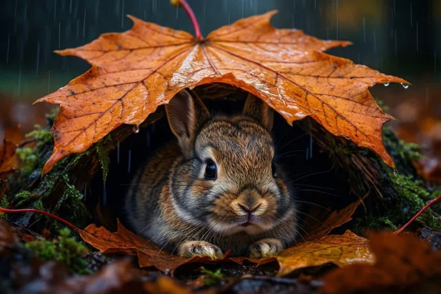 Een jong konijn schuilt tijdens motregen onder een groot nat oranje esdoornblad in een donker herfstbos met mos en gevallen bladeren.