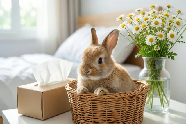 Een klein bruin konijntje zit in een gevlochten mand op een nachtkastje naast een doos zakdoekjes en een vaas witte margrieten, met een bed en raam op de achtergrond.