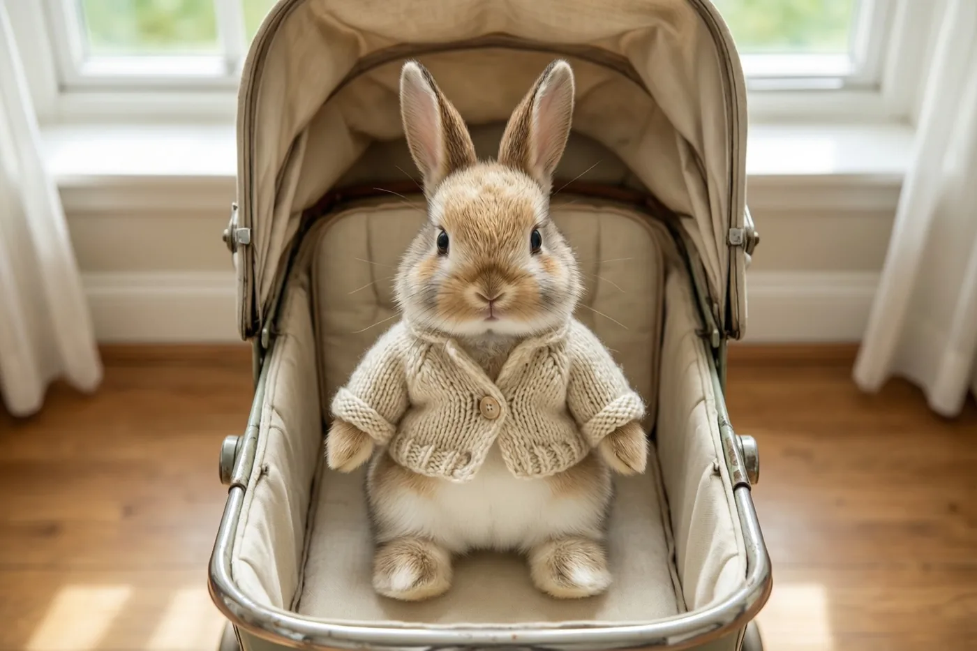 Een klein pluizig konijn met een beige gebreid vestje zit rechtop in een kinderwagen in retrostijl, in een zonnige kamer met houten vloeren en ramen.