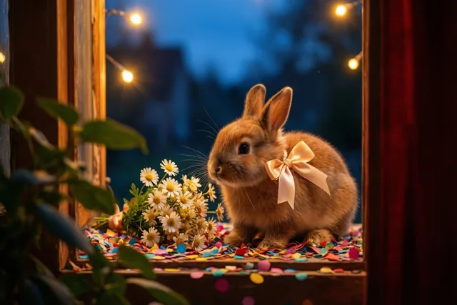Een jong konijntje met een satijnen strik zit op een vensterbank naast een boeket margrieten en kleurrijke confetti, met een houten raam, lichtjes en een schemerblauwe lucht op de achtergrond.