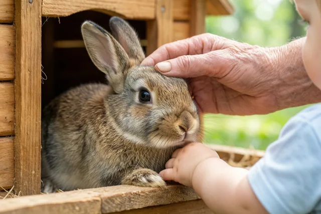 Een klein bruin konijn zit in een houten hok terwijl een gerimpelde hand zijn kop aait en een peuterhand bij zijn kin rust.