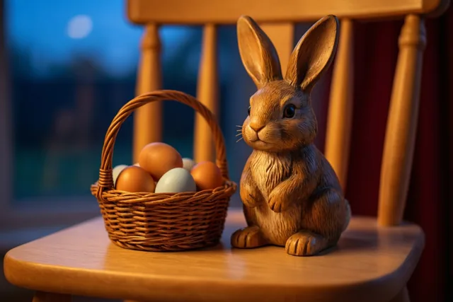 Een uit hout gesneden konijntje zit naast een rieten mand met gekleurde eieren op een houten kinderstoel in warm licht.