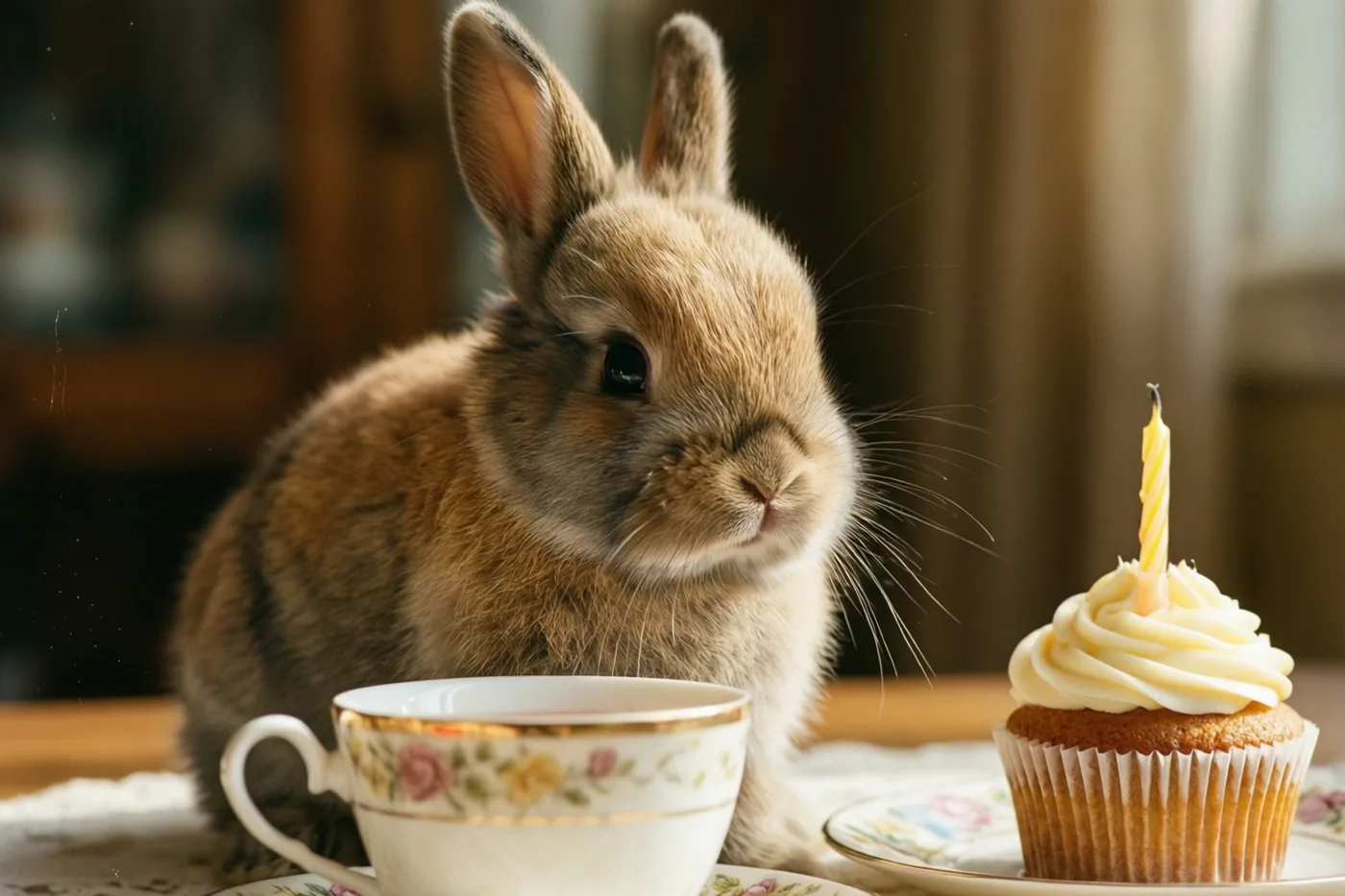 Een klein bruin konijntje zit op een tafel naast een theekopje en een cupcake met één kaarsje, in warm licht met een wazige achtergrond.