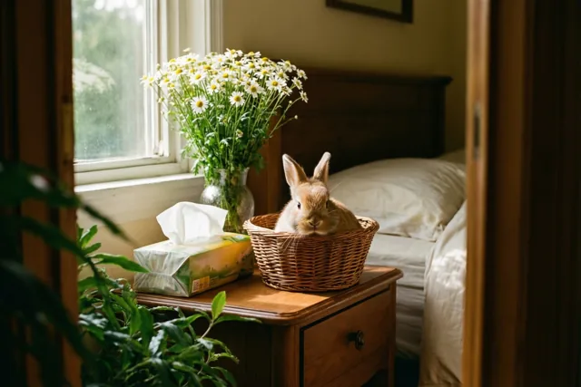 Een jong konijntje zit in een rieten mand op een houten nachtkastje naast zakdoekjes en een vaas margrieten, met een bed en raam in warm daglicht.