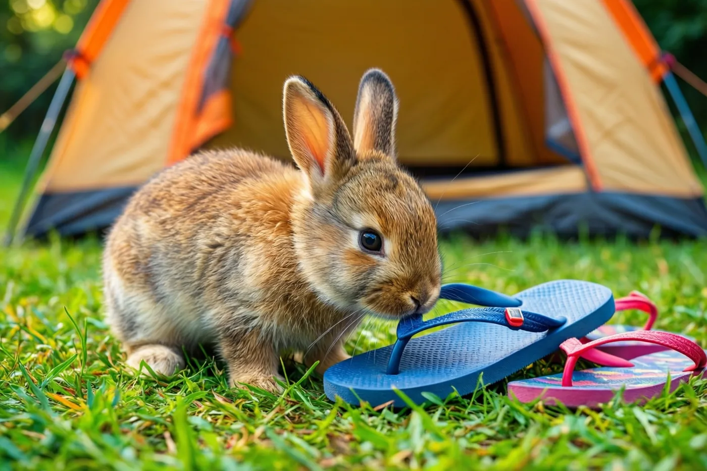 Een klein bruin jong konijn snuffelt aan een blauwe teenslipper op groen gras voor een oranje en beige tent.