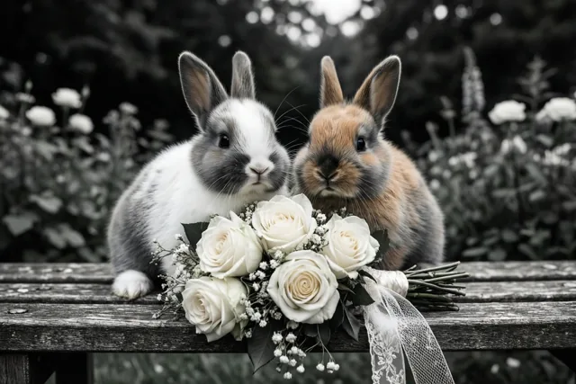 Twee jonge konijntjes zitten tegen elkaar op een houten tuinbank achter een bruidsboeket van witte rozen, met een wazige tuin op de achtergrond.