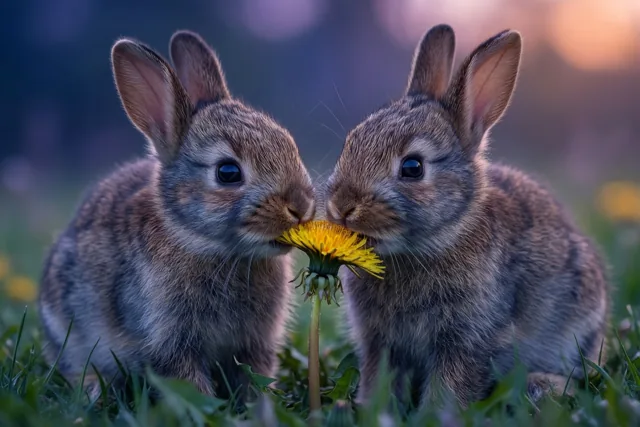 Twee jonge konijntjes delen een gele paardenbloem in een grasveld met zacht warm licht en een wazige achtergrond.