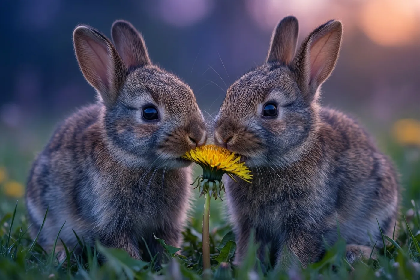 Twee jonge konijntjes delen een gele paardenbloem in een grasveld met zacht warm licht en een wazige achtergrond.