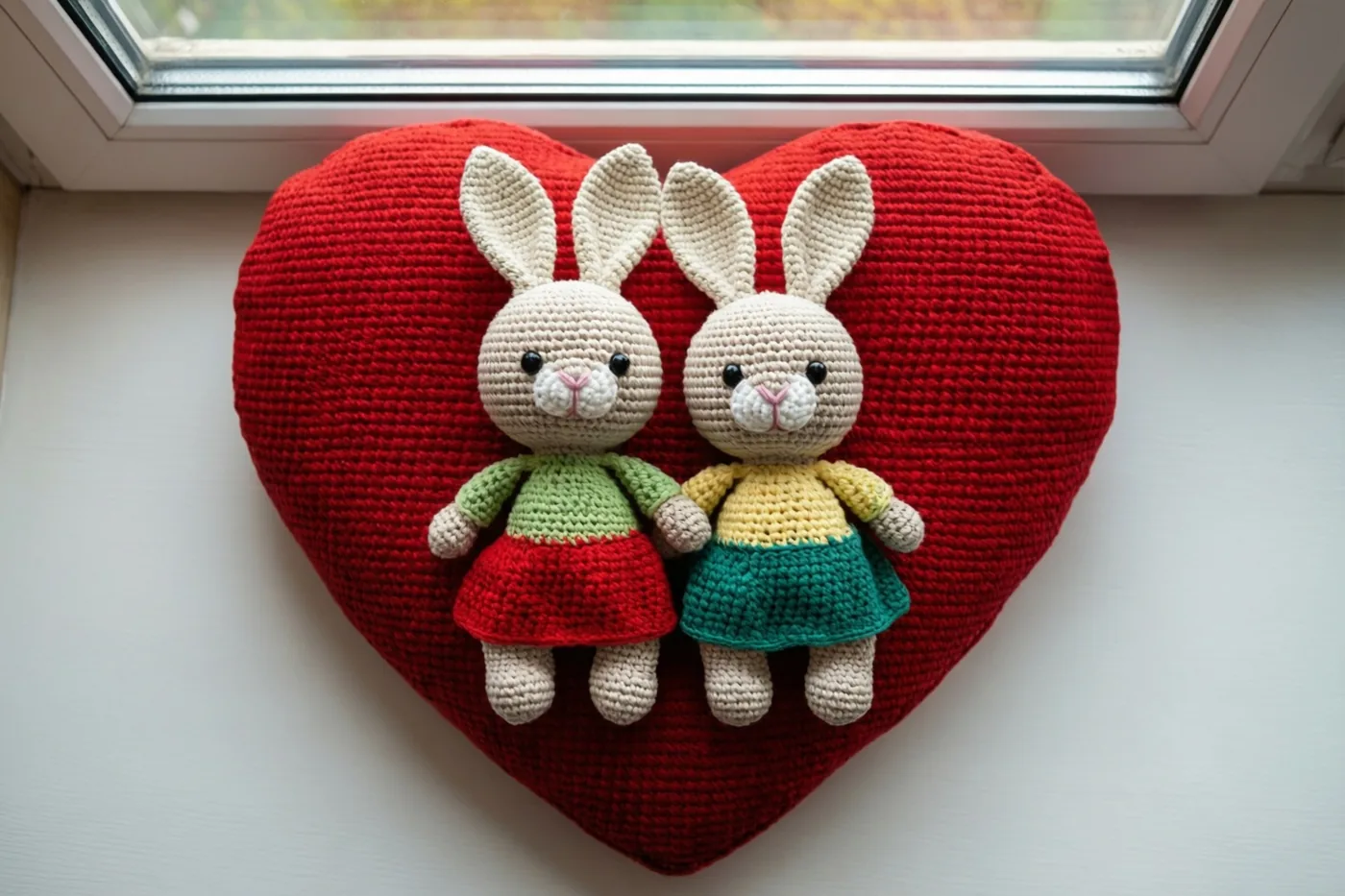 Twee gehaakte konijntjes in kleurrijke kleertjes zitten naast elkaar op een rood hartvormig kussen op een vensterbank in het daglicht.