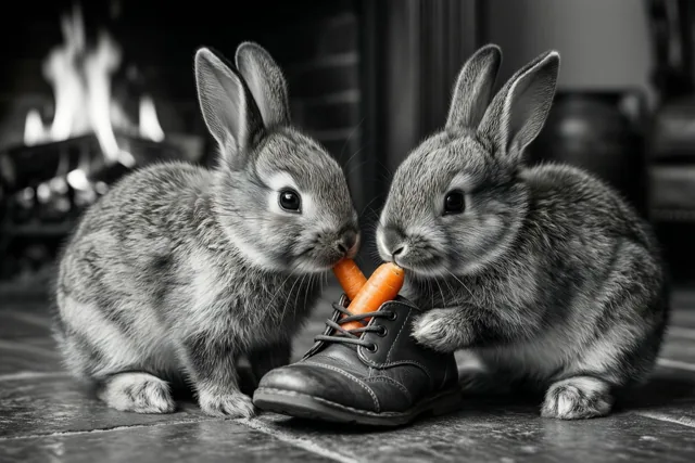 Twee jonge konijntjes knabbelen bij een brandende haard aan een wortel in een kinderschoen, waarbij alleen de wortel een felle kleur heeft.