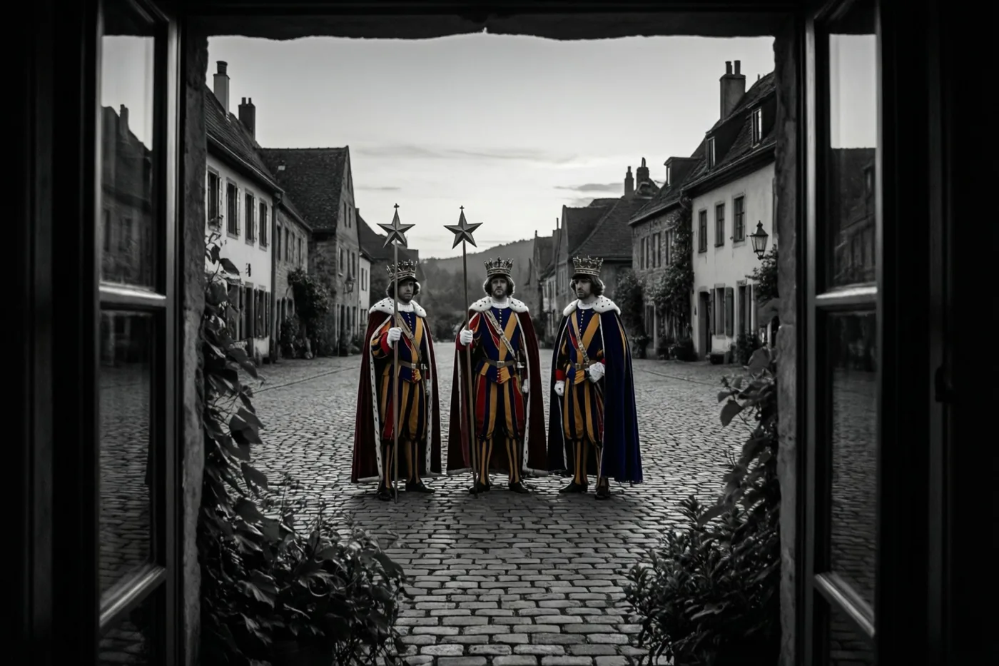 Door een raam zijn drie als koningen verklede figuren te zien op een gekasseide dorpsstraat, elk met een staf met een ster, in gedempte kleuren.