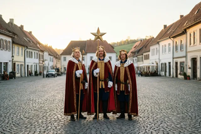 Drie mannen verkleed als koningen in rode en gouden gewaden staan bij valavond op een gekasseid dorpsplein tussen traditionele gebouwen, één van hen met een staf met een ster.
