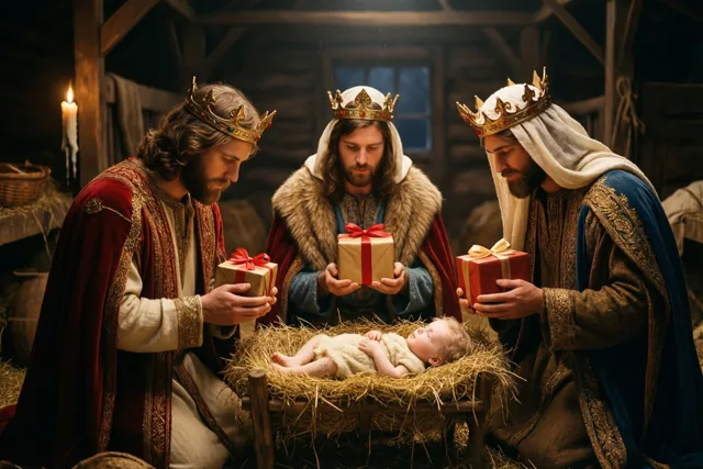 Drie koningen in koninklijke kledij knielen met ingepakte geschenken met linten voor een baby in een kribbe, in een houten stal verlicht door één kaars.