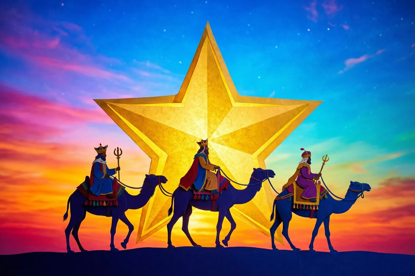 Drie koningen op kamelen volgen als silhouetten een grote gouden ster tegen een zonsondergang in blauw, goud en oranje.