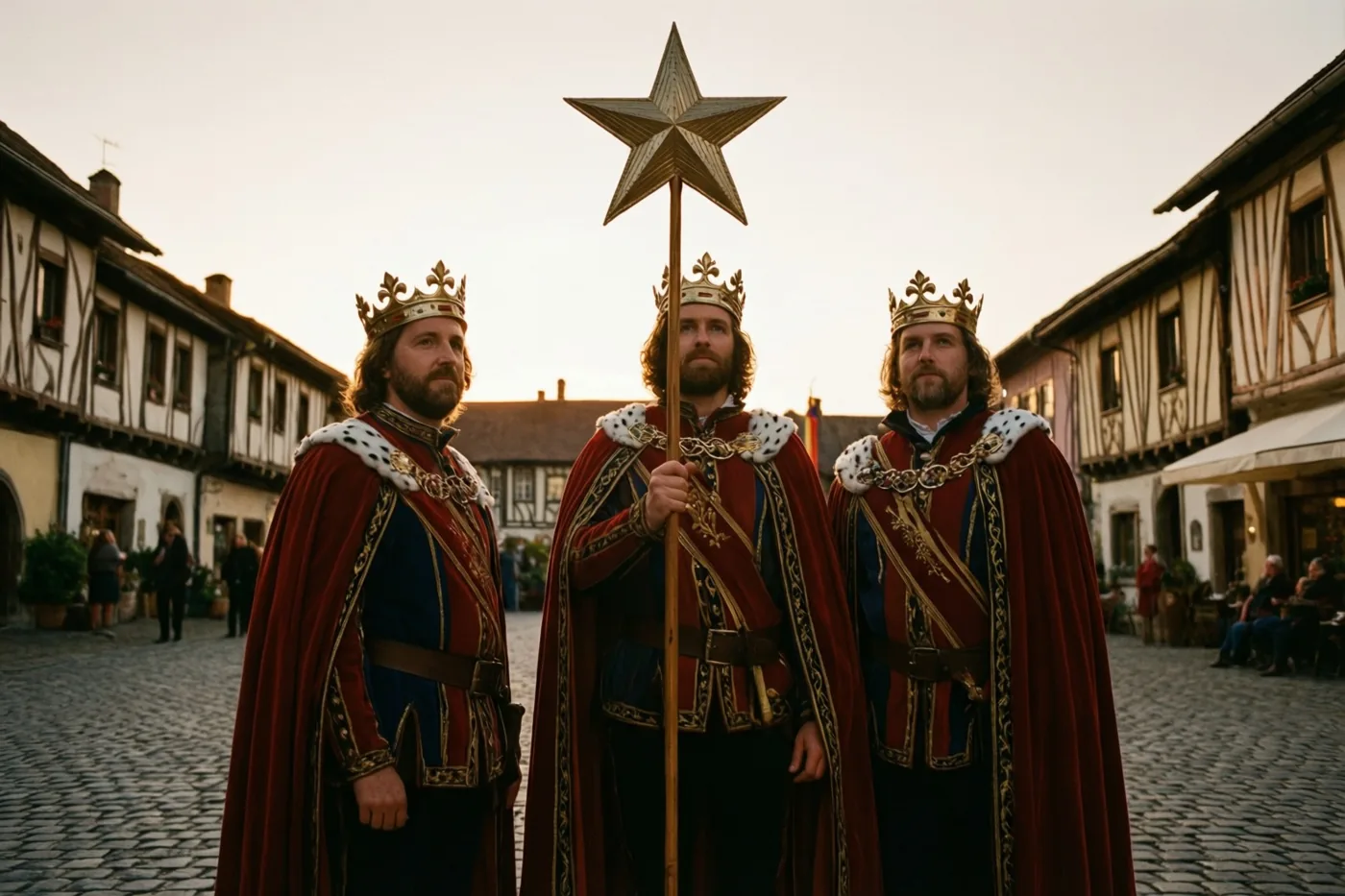 Drie mannen met kronen en rode en blauwe koningsgewaden staan bij valavond op een gekasseid dorpsplein voor vakwerkhuizen, één van hen met een grote ster op een stok.