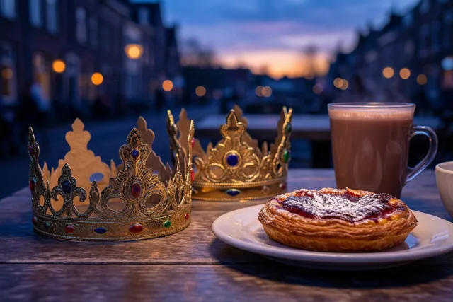Drie sierlijke papieren kronen staan buiten op een houten tafel naast een bord koningentaart en een mok warme chocolademelk, met een onscherpe stadsstraat in de avondschemer op de achtergrond.