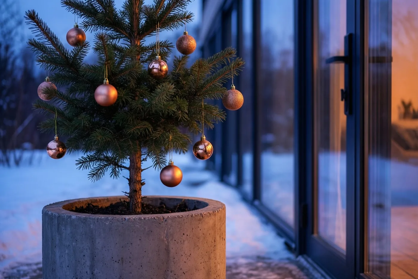 Een klein dennenboompje met koperen kerstballen staat in een betonnen plantenbak in de sneeuw naast een moderne glazen deur in warm schemerlicht.