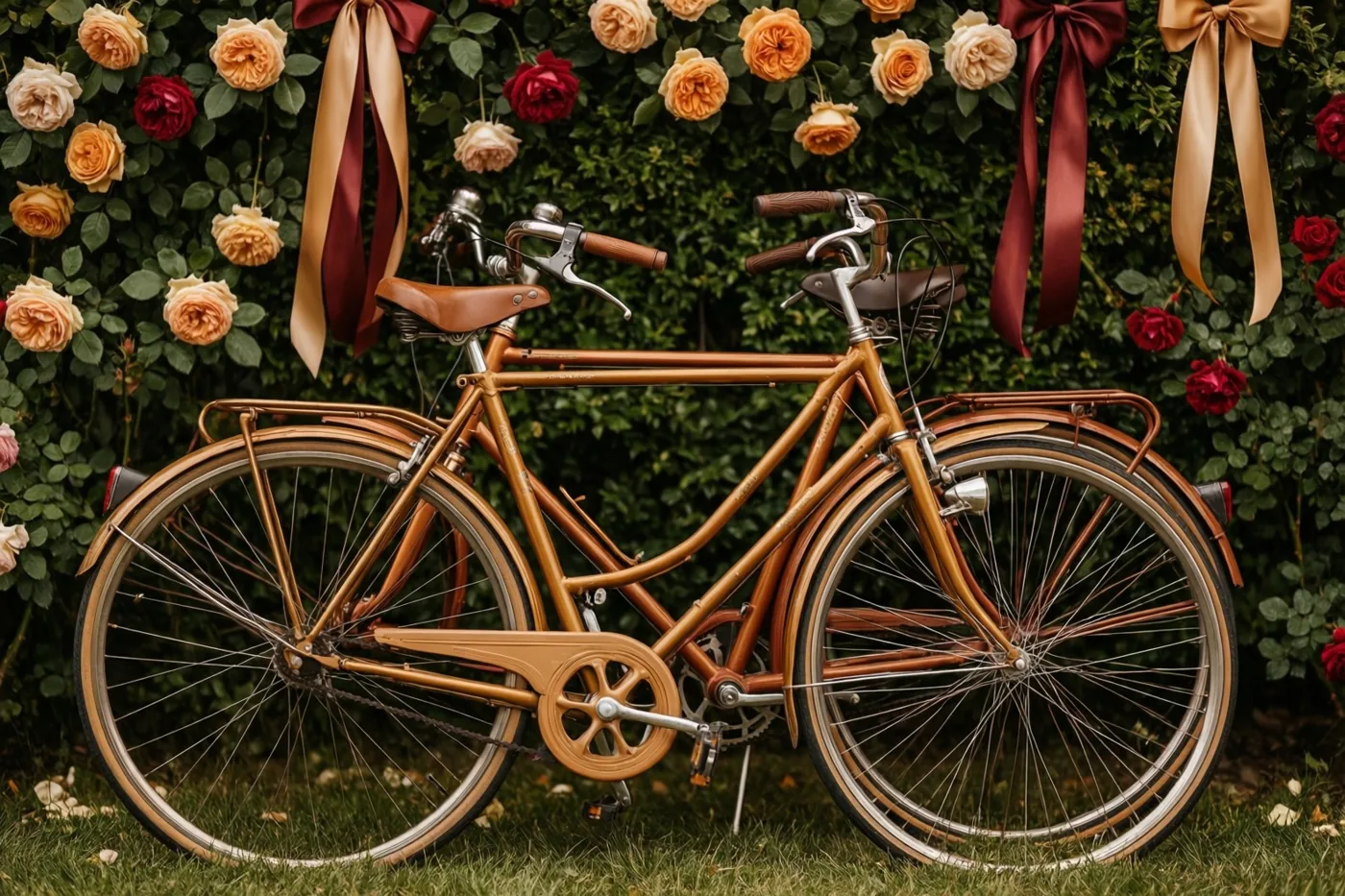 Een fiets in retrostijl met een koperkleurig frame leunt op het gras tegen een groene haag met rozen en sierlinten, in koperkleurige, bordeauxrode en crèmekleurige tinten.