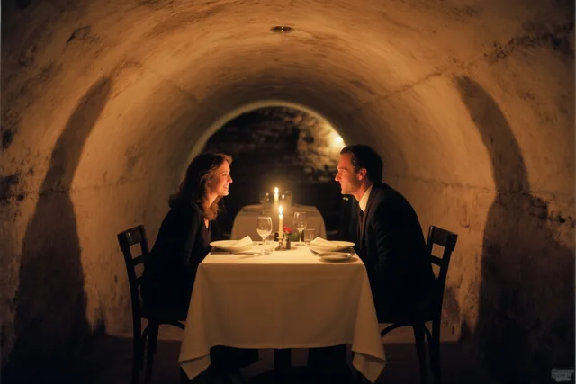 Een man en een vrouw zitten tegenover elkaar aan een tafel met kaarslicht in een kelderrestaurant met gewelven en warm goudkleurig licht.