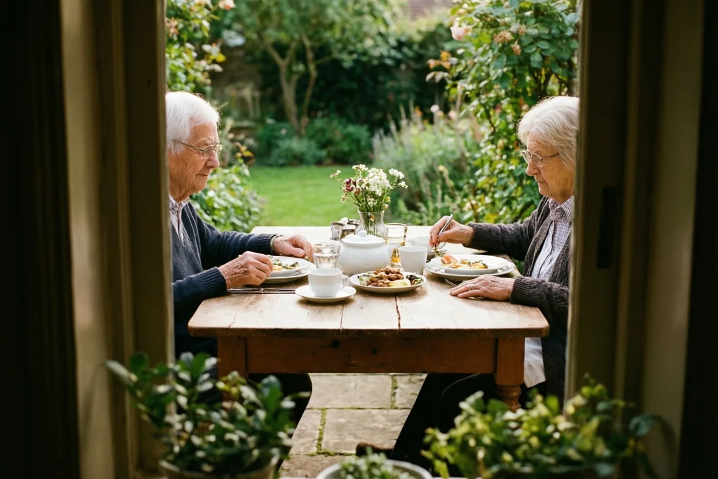 Door een deuropening is een ouder koppel te zien dat aan een houten tuintafel eet, met hun handen in beeld en groen en bloemen op de achtergrond.