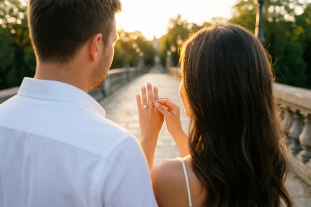 Een koppel staat met de rug naar de camera op een stenen brug in warm avondlicht, terwijl de vrouw haar opgeheven hand met een nieuwe ring bekijkt, met groen op de achtergrond.
