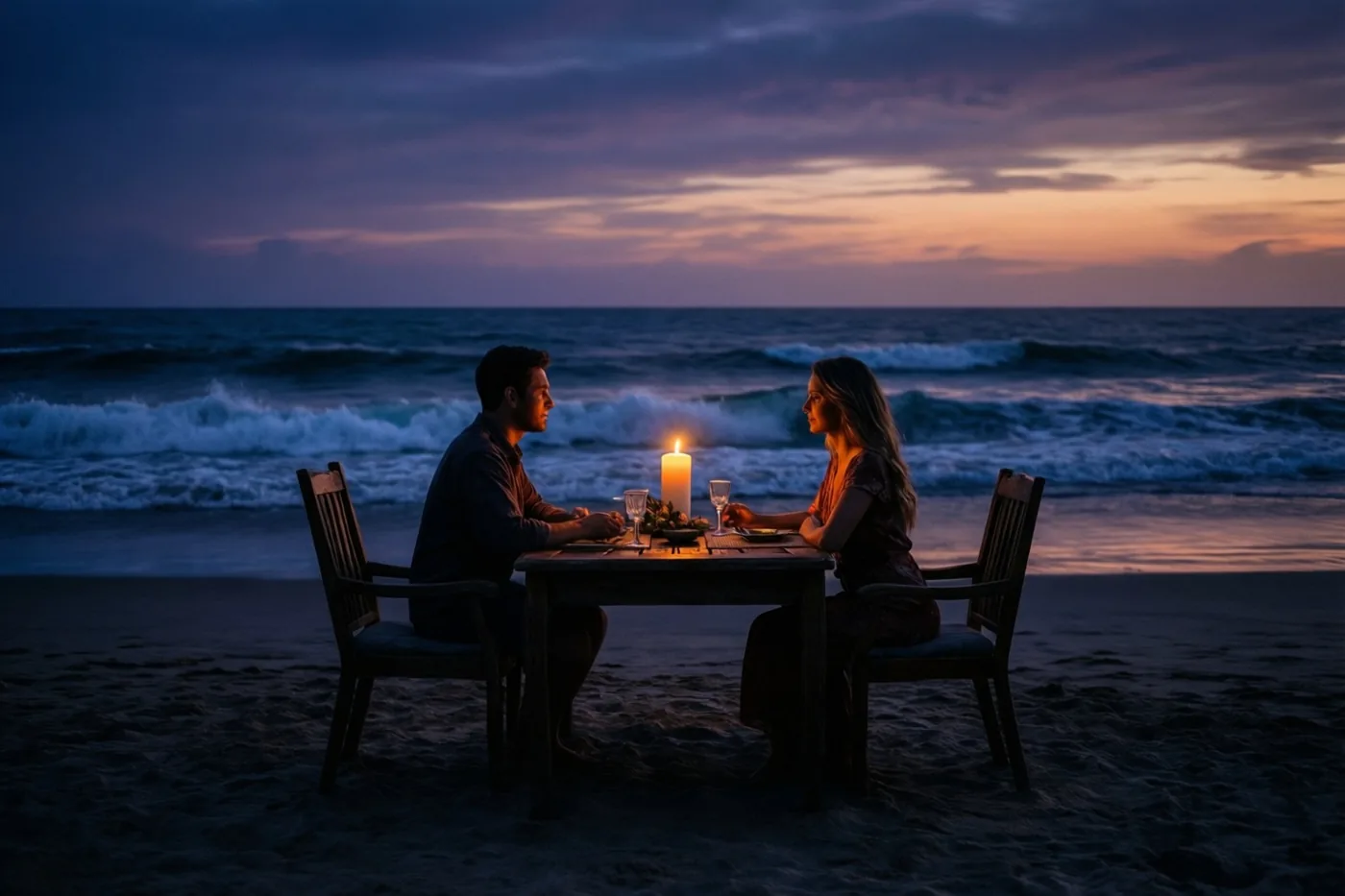 Een man en een vrouw zitten tegenover elkaar aan een houten tafel op het strand met één brandende kaars tussen hen, voor golven en een oranje-paarse schemerlucht.