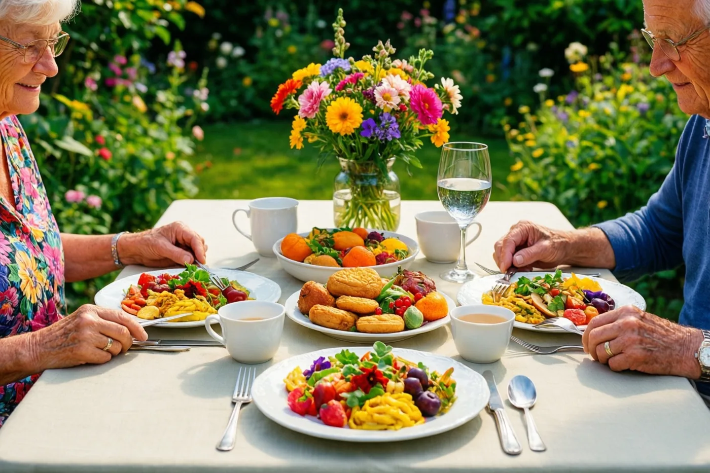 Een ouder koppel eet een kleurrijke maaltijd aan een tuintafel, met hun handen in beeld en weelderig groen en bloemen rondom.
