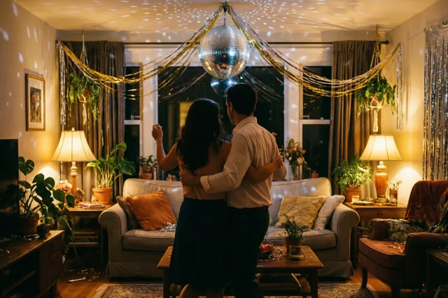 Een koppel danst van achteren gezien in een warm verlichte woonkamer met gouden serpentines, een glinsterende discobal, meubels en potplanten.