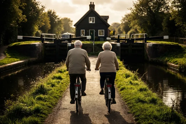 Een ouder koppel fietst naast elkaar over een landelijk jaagpad langs een kanaal in goudkleurig licht, met een sluiswachtershuisje in de verte.