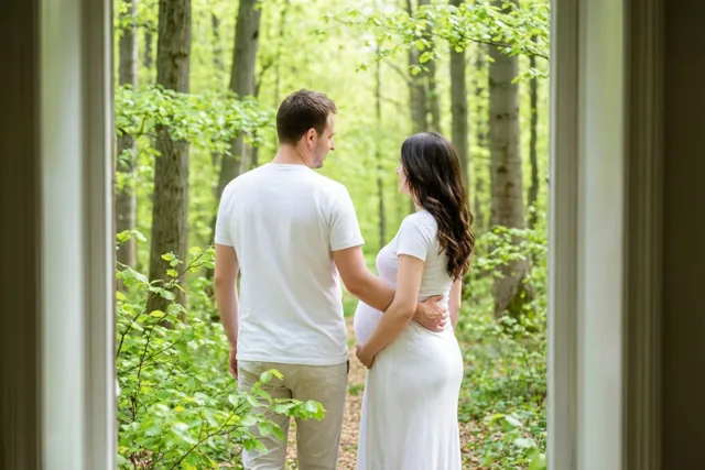 Door een raam- of deuropening zijn een man en een zwangere vrouw in witte kleding van achteren te zien in een groen beukenbos, naar elkaar toe gedraaid terwijl hij haar hand vasthoudt en zijn andere hand op haar buik legt.