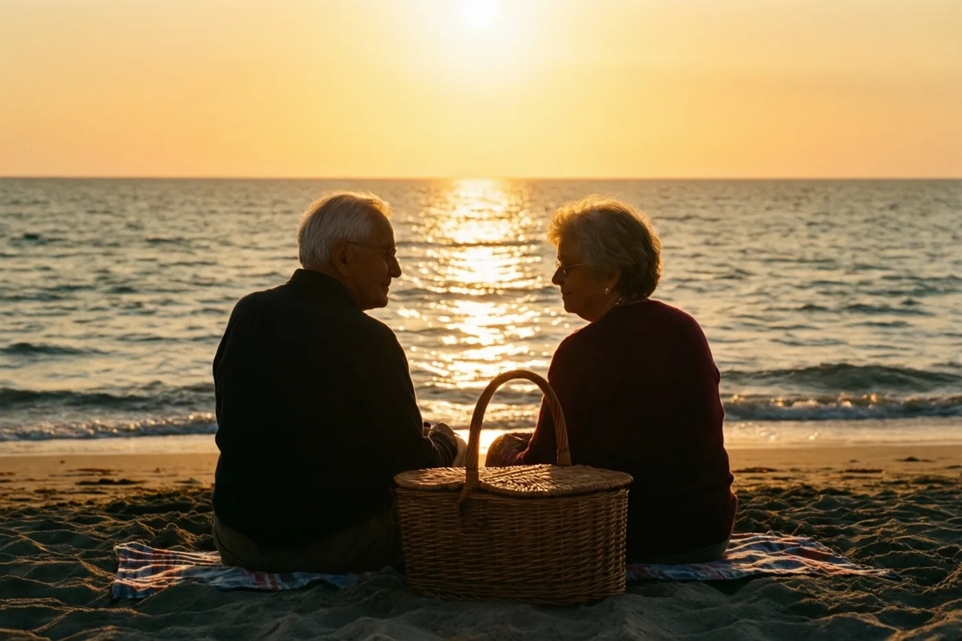 Een ouder koppel zit bij zonsondergang als silhouet op het strand met een rieten picknickmand tussen hen in, tegen de oplichtende zee in gouden en oranje tinten.