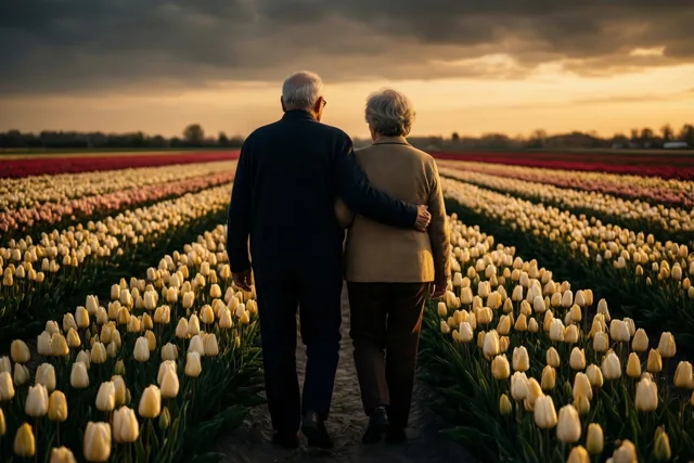 Een ouder koppel wandelt arm in arm door een uitgestrekt veld bloeiende tulpen bij zonsondergang onder een bewolkte hemel.