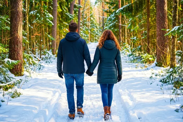 Een koppel wandelt van achteren gezien hand in hand over een besneeuwd bospad, met zonlicht tussen de takken van besneeuwde bomen.