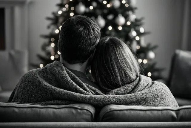Op een zwart-witfoto zit een koppel van achteren gezien onder één deken in de zetel, met zicht op een verlichte kerstboom.