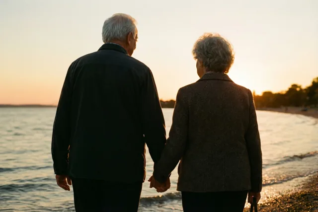 Een ouder koppel wandelt hand in hand langs de vloedlijn bij zonsondergang, van achteren gezien in goudkleurig en oranje licht.