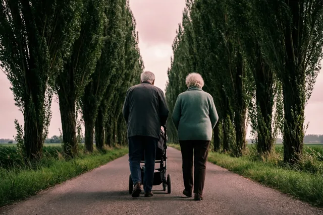 Een ouder koppel duwt, van achteren gezien, een kinderwagen over een verharde weg met hoge knotwilgen in een polderlandschap onder een zacht bewolkte hemel.