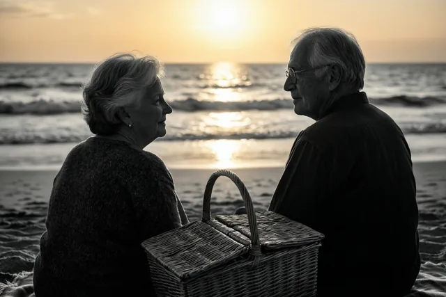 Een ouder koppel zit bij zonsondergang tegenover elkaar op het strand met een rieten picknickmand ertussen, terwijl goudkleurig zonlicht op de golven weerkaatst.