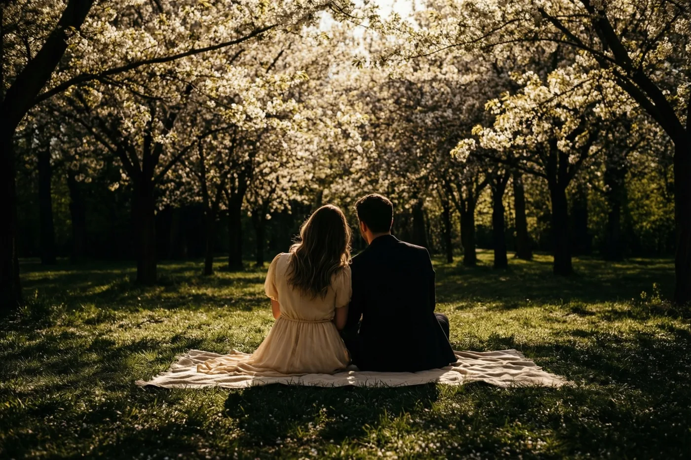 Een koppel zit met de rug naar de kijker op een picknickdeken in een park, waar warm zonlicht door de bloesems van de bomen valt.